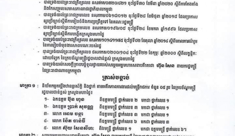 មន្ត្រីរាជការ ០៥រូប នៃក្របខ័ណ្ឌមន្ត្រីរដ្ឋបាលជាន់ខ្ពស់ ក្រសួងមហាផ្ទៃ ត្រូវបានតម្លើងឋានន្តរស័ក្តិនិងថ្នាក់