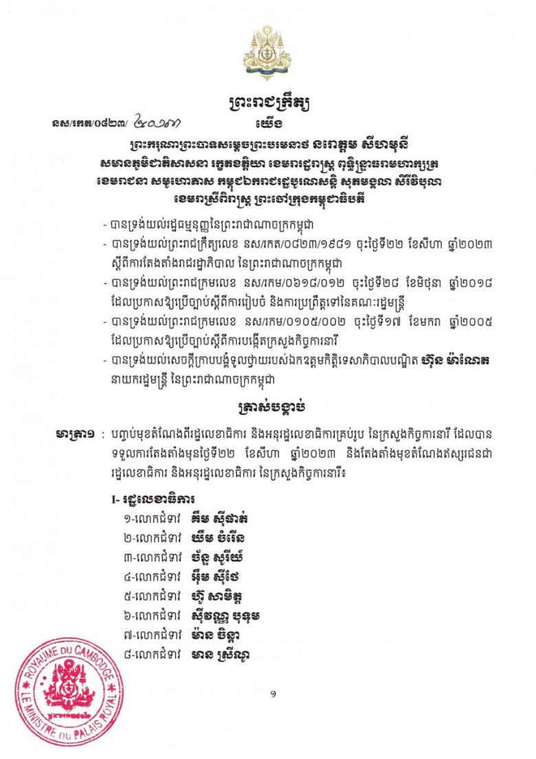 សមាសភាព រដ្ឋលេខាធិការ​ និងអនុរដ្ឋលេខាធិការ នៃក្រសួងកិច្ចការនារី ក្នុងនីតិកាលទី៧នៃរដ្ឋសភា