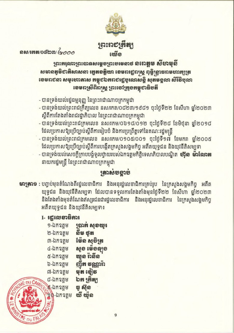 សមាសភាព រដ្ឋលេខាធិការ​ និងអនុរដ្ឋលេខាធិការ នៃក្រសួងសង្គមកិច្ច អតីតយុទ្ធជន និងយុវនីតិសម្បទា ក្នុងនីតិកាលទី៧នៃរដ្ឋសភា