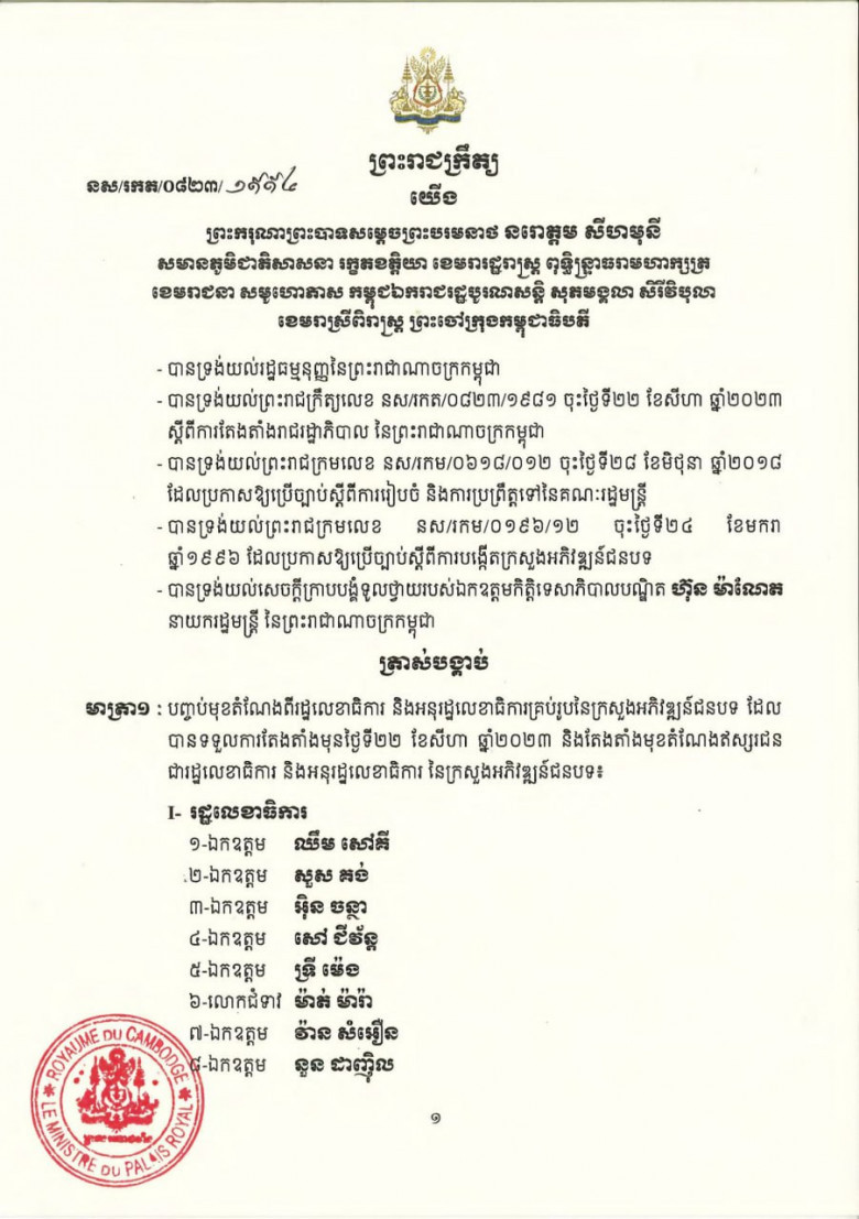 សមាសភាព រដ្ឋលេខាធិការ និងអនុរដ្ឋលេខាធិការ នៃក្រសួងអភិវឌ្ឍន៍ជនបទ ក្នុងនីតិកាលទី៧នៃរដ្ឋសភា