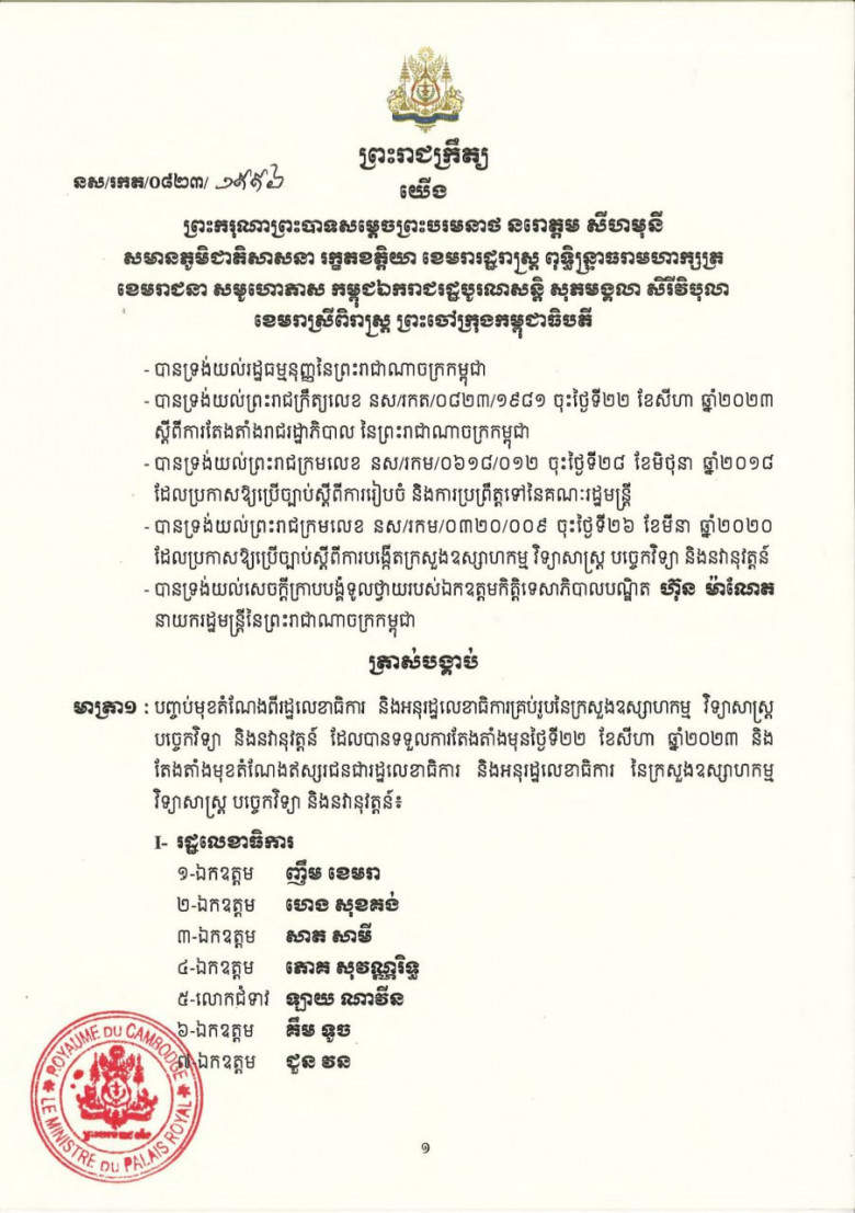 សមាសភាព រដ្ឋលេខាធិការ និងអនុរដ្ឋលេខាធិការ នៃក្រសួងឧស្សាហកម្ម វិទ្យាសាស្រ្ដ បច្ចេកវិទ្យា និងនវានុវត្តន៍ ក្នុងនីតិកាលទី៧នៃរដ្ឋសភា
