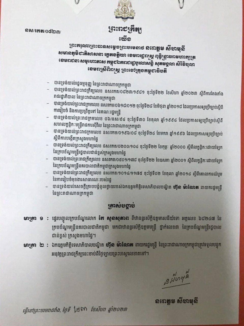 ព្រះរាជក្រឹត្យផ្ទេរបញ្ចូលក្របខ័ណ្ឌ លោក កែ សួនសុភាព ពីឧត្តមសេនីយ៍ទោ ទៅជាឧត្តមមន្រ្តីថ្នាក់លេខ៣ នៃក្របខ័ណ្ឌមន្ត្រីរដ្ឋបាលជាន់ខ្ពស់ ក្រសួងមហាផ្ទៃ