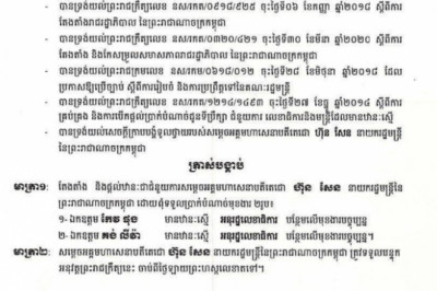 លោក កែវ ផុង និងលោក គង់ លីវ៉ា ត្រូវបានតែងតាំងជាជំនួយការសម្ដេចតេជោ ហ៊ុន សែន បន្ថែមលើមុខងារបច្ចុប្បន្ន